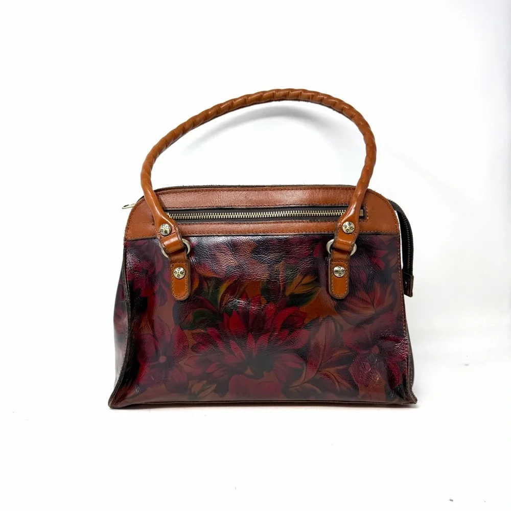 Patricia Nash Calvi Satchel Bag English Rustic Mums Leather Floral Square Brown